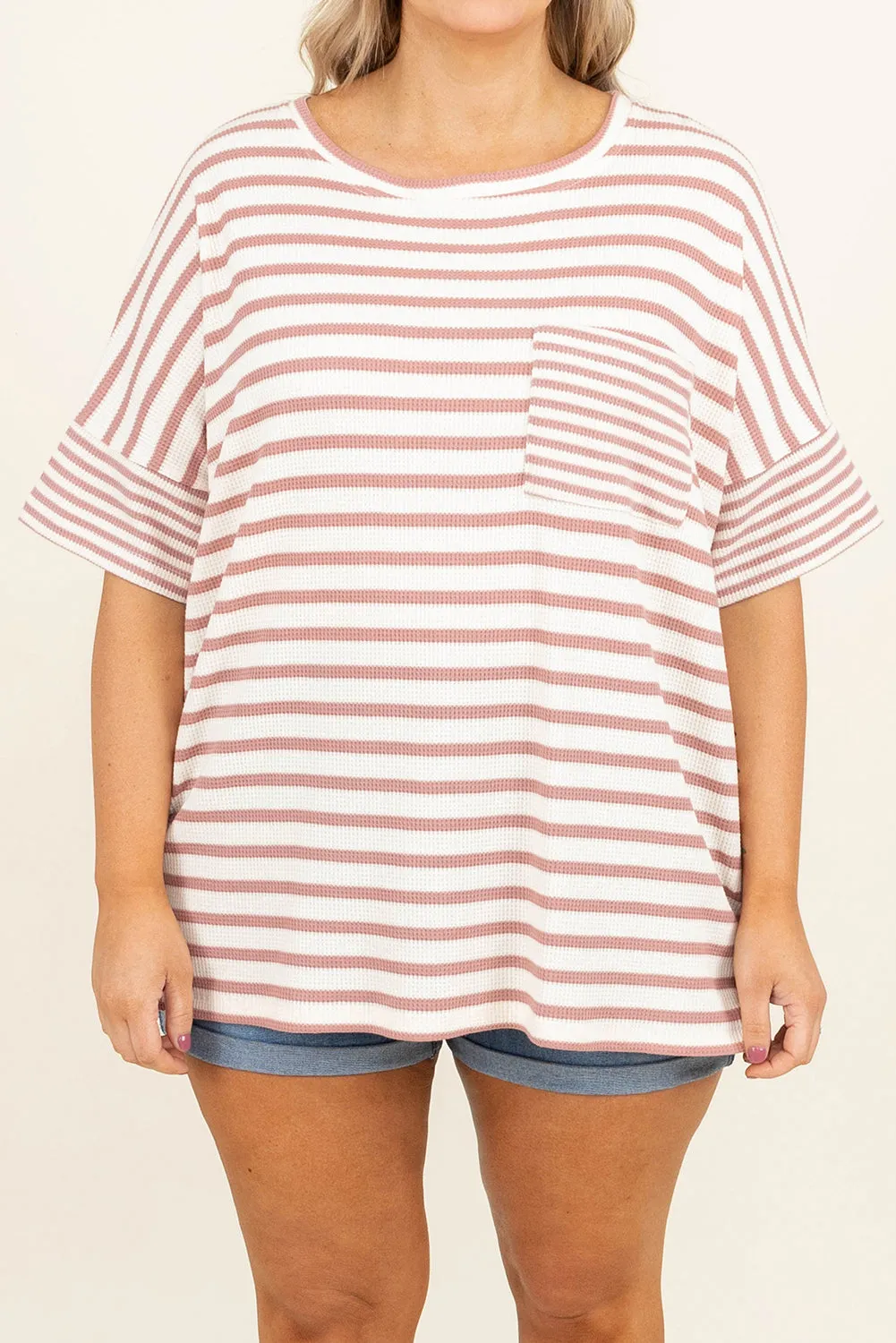 Pink Stripe Waffle Knit Pocketed Half Sleeve Plus Size T Shirt