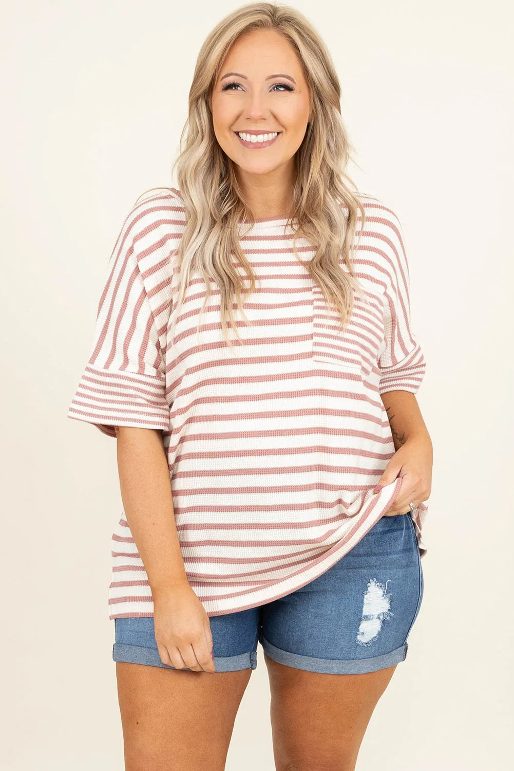 Pink Stripe Waffle Knit Pocketed Half Sleeve Plus Size T Shirt