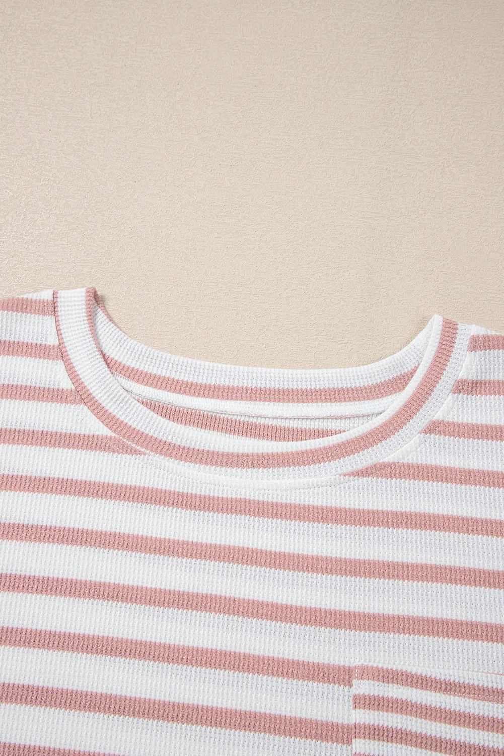 Pink Stripe Waffle Knit Pocketed Half Sleeve Plus Size T Shirt