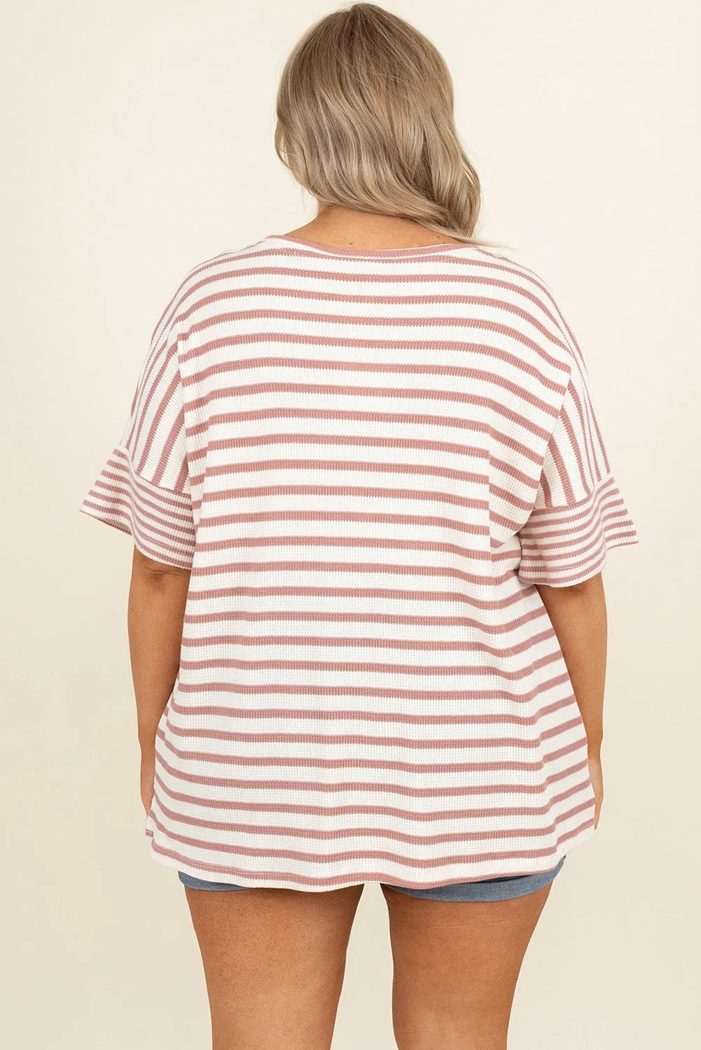 Pink Stripe Waffle Knit Pocketed Half Sleeve Plus Size T Shirt