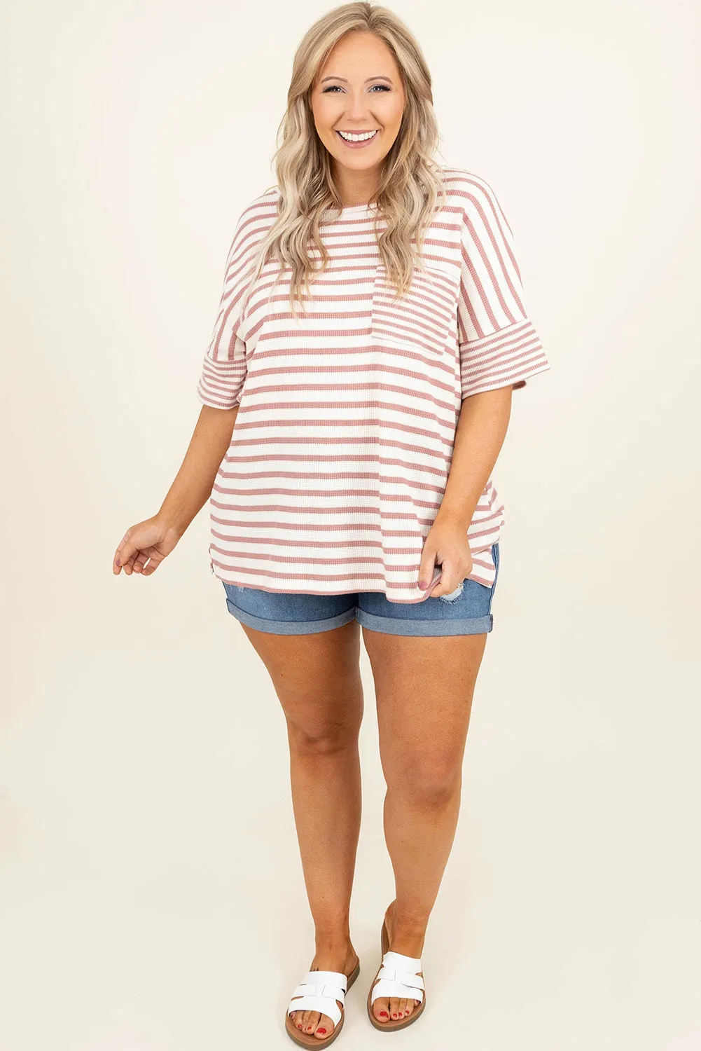 Pink Stripe Waffle Knit Pocketed Half Sleeve Plus Size T Shirt
