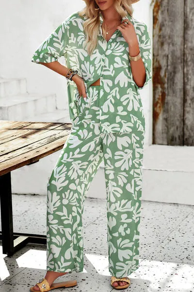 Printed Button Up Shirt and Pants Set