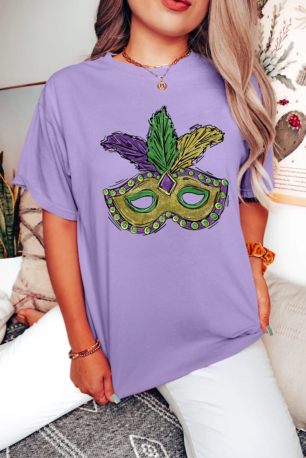 Purple Stripe mardi gras Sequin Patched Graphic Drop Shoulder Top