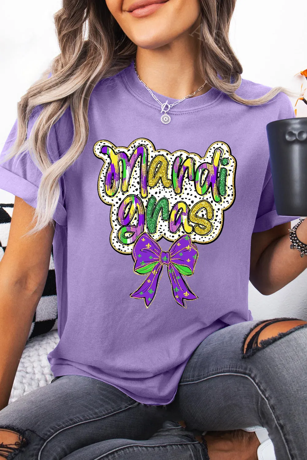 Purple Stripe mardi gras Sequin Patched Graphic Drop Shoulder Top
