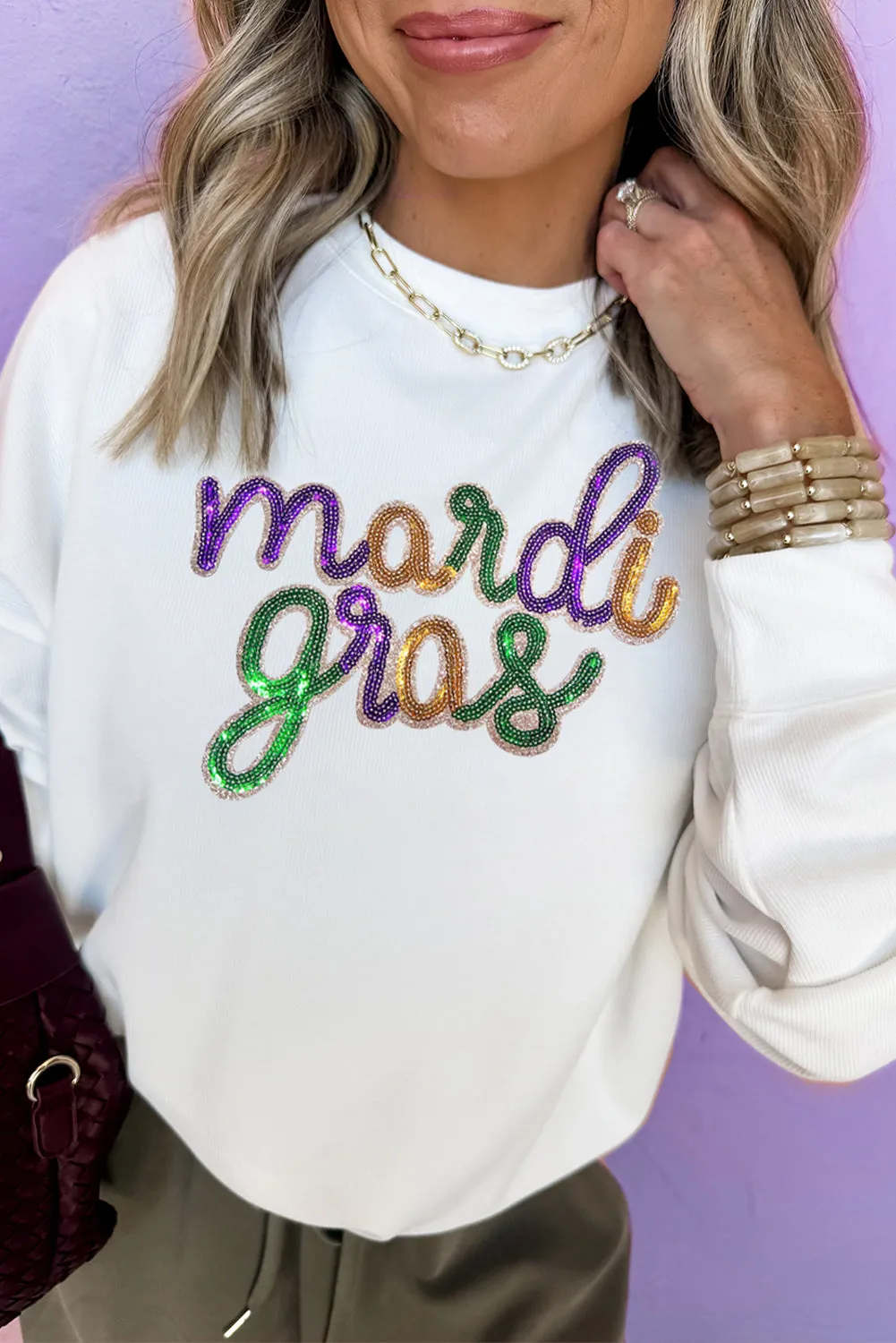 Purple Stripe mardi gras Sequin Patched Graphic Drop Shoulder Top