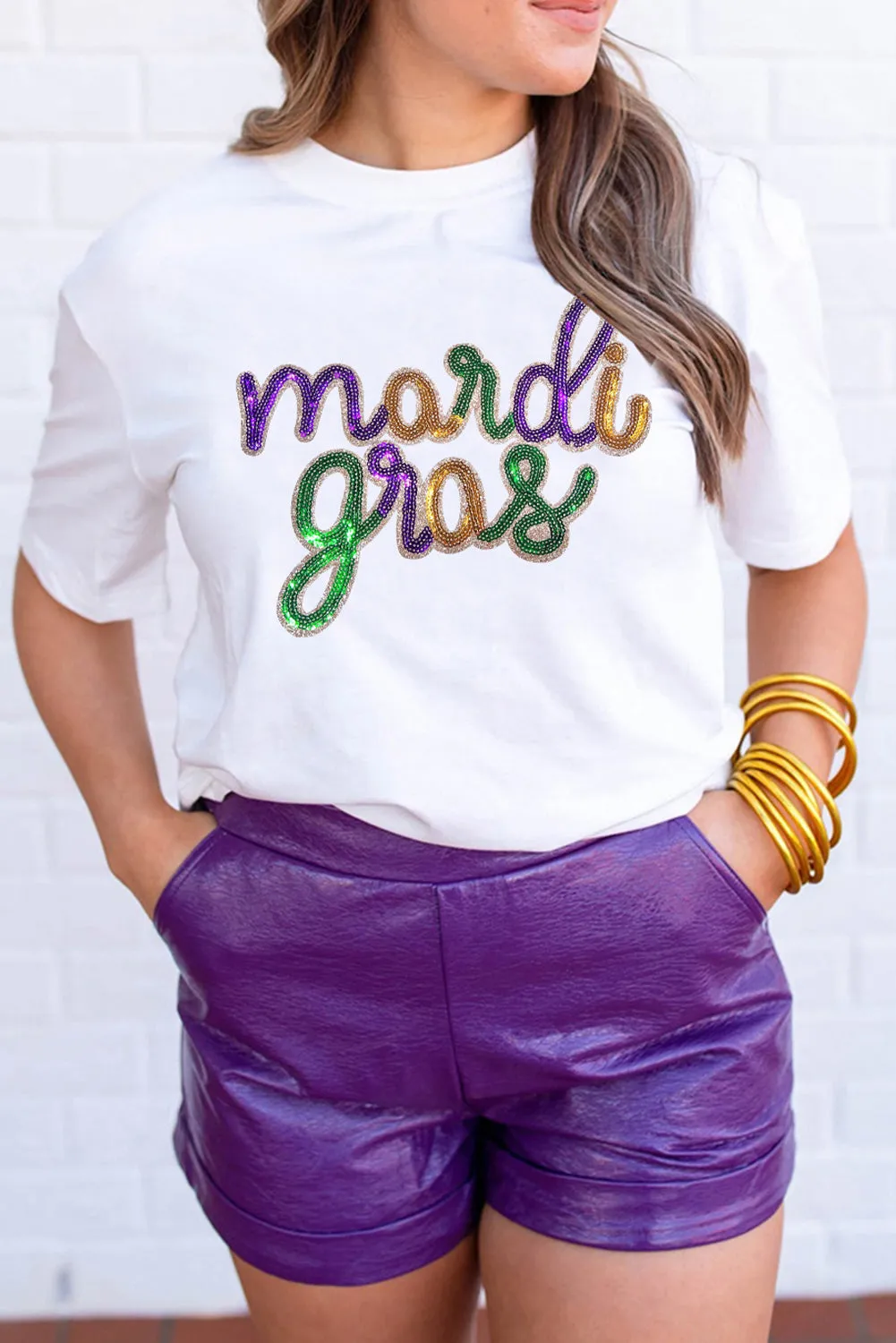 Purple Stripe mardi gras Sequin Patched Graphic Drop Shoulder Top