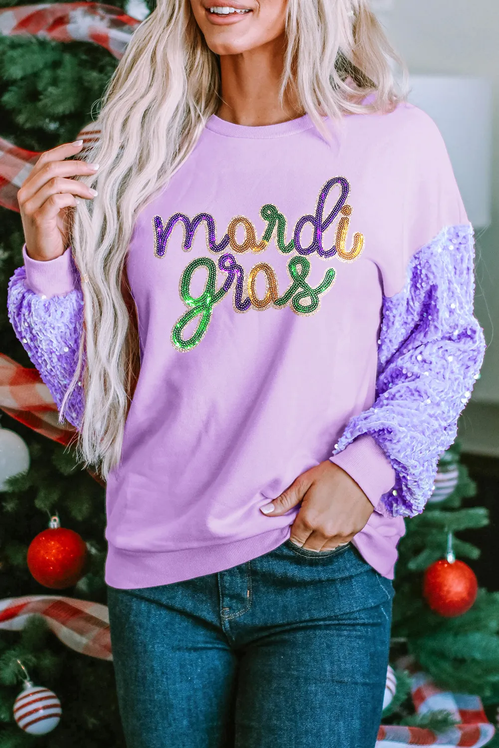 Purple Stripe mardi gras Sequin Patched Graphic Drop Shoulder Top