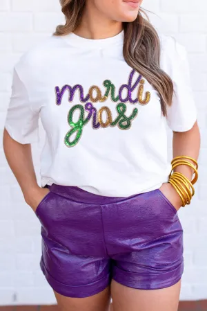 Purple Stripe mardi gras Sequin Patched Graphic Drop Shoulder Top