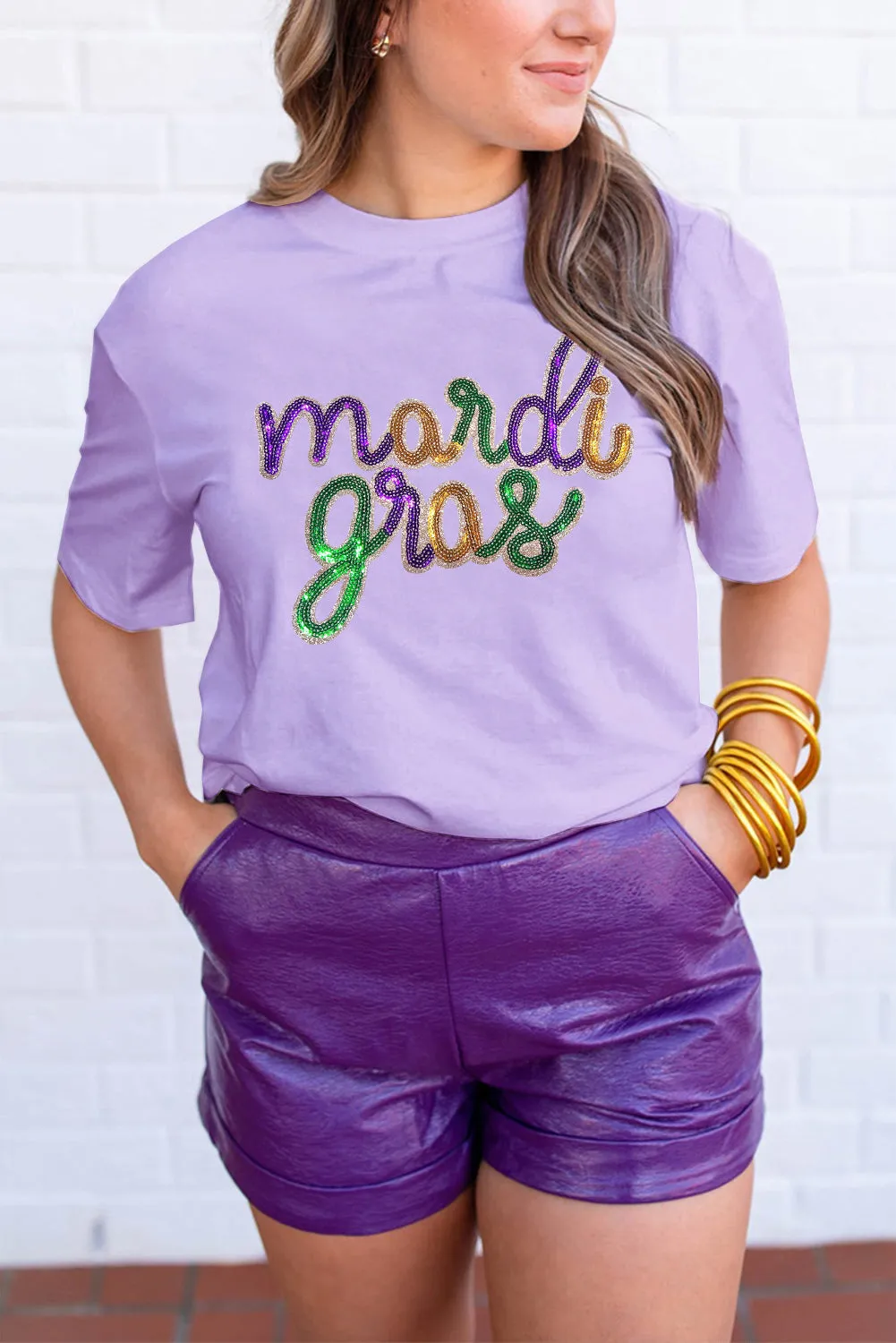 Purple Stripe mardi gras Sequin Patched Graphic Drop Shoulder Top