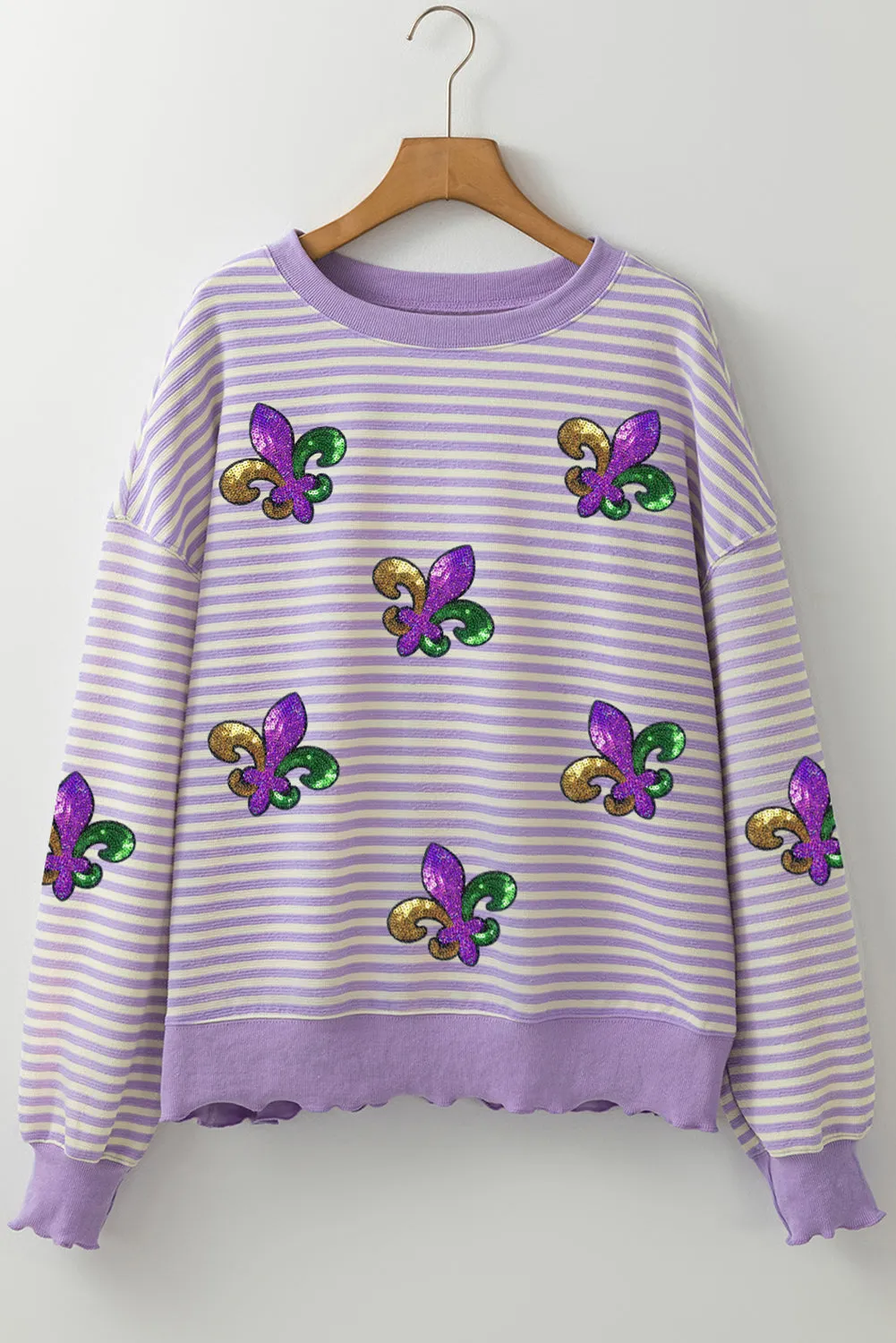 Purple Stripe Sequin Fleur De Lis Patched Drop Shoulder Long Sleeve Top