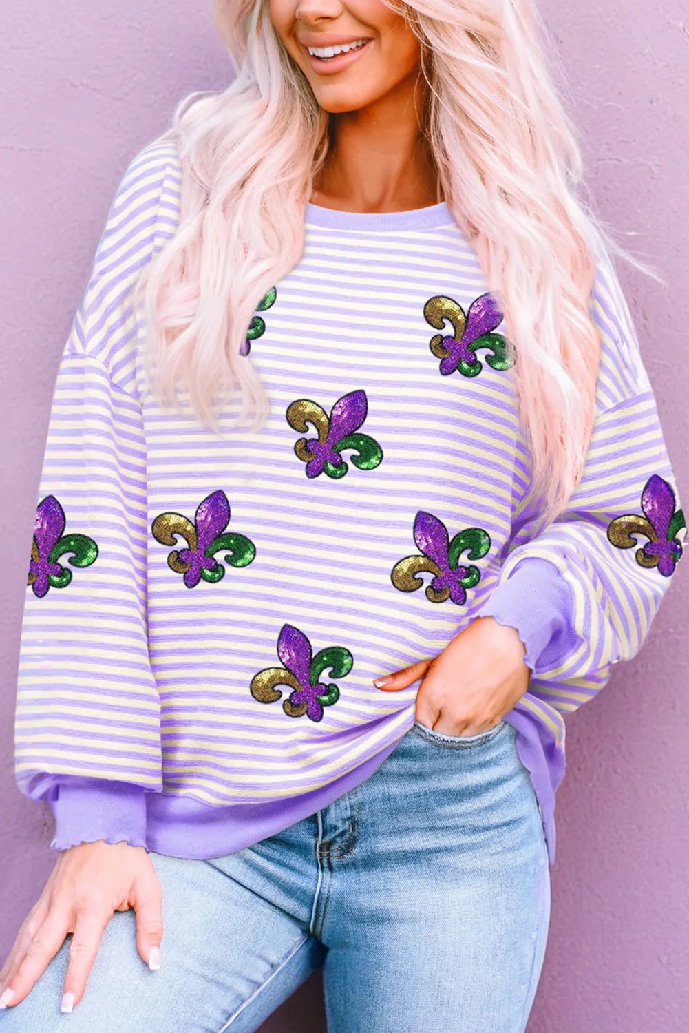 Purple Stripe Sequin Fleur De Lis Patched Drop Shoulder Long Sleeve Top