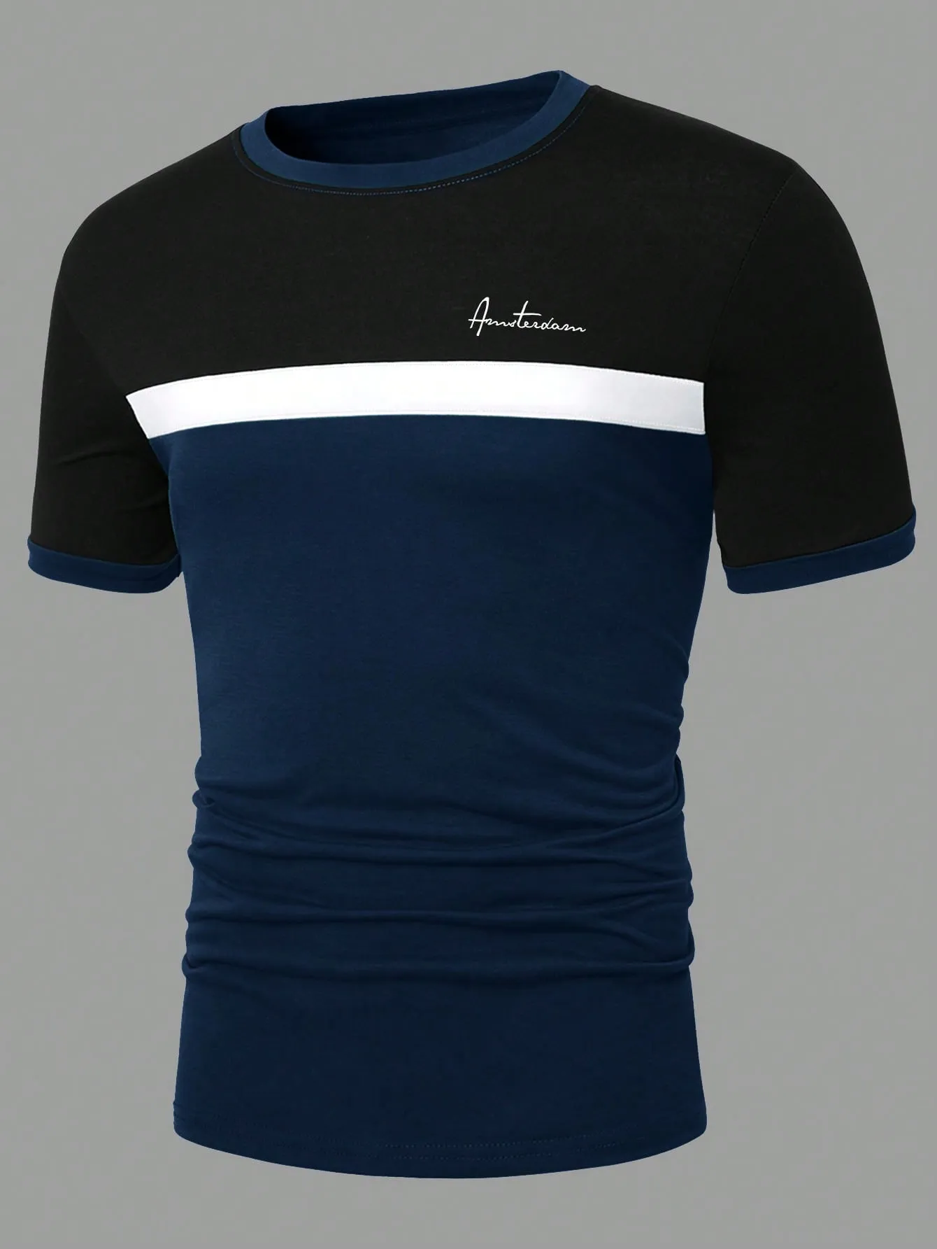 QA Homme Men Fashion Striped Color Block Short Sleeve T-Shirt
