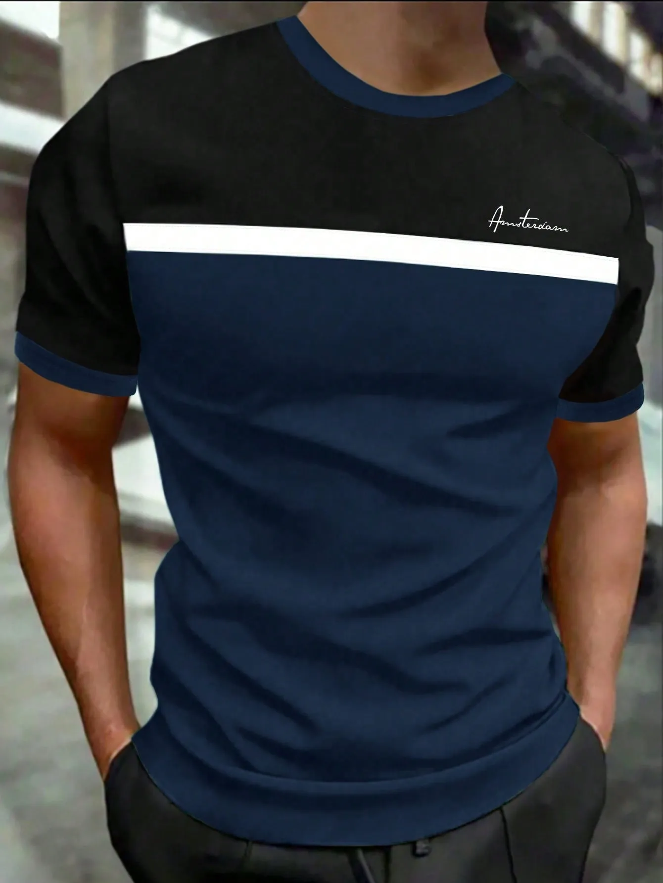 QA Homme Men Fashion Striped Color Block Short Sleeve T-Shirt