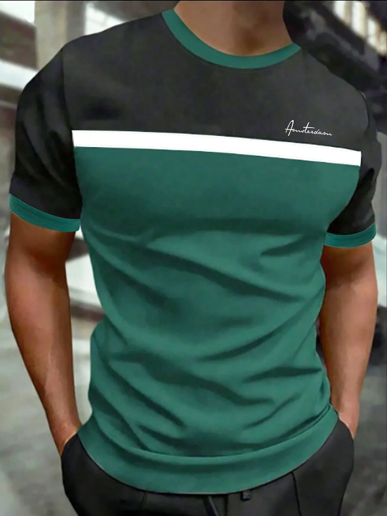 QA Homme Men Fashion Striped Color Block Short Sleeve T-Shirt