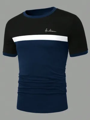 QA Homme Men Fashion Striped Color Block Short Sleeve T-Shirt