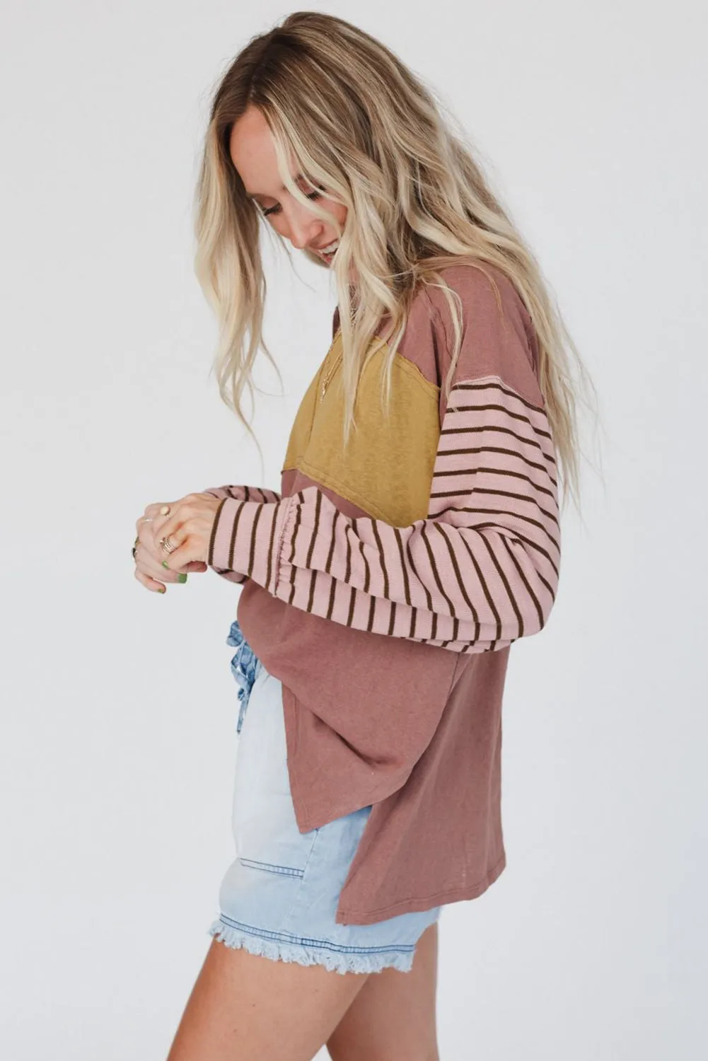 Red Green Colorblock Striped Bishop Sleeve Top