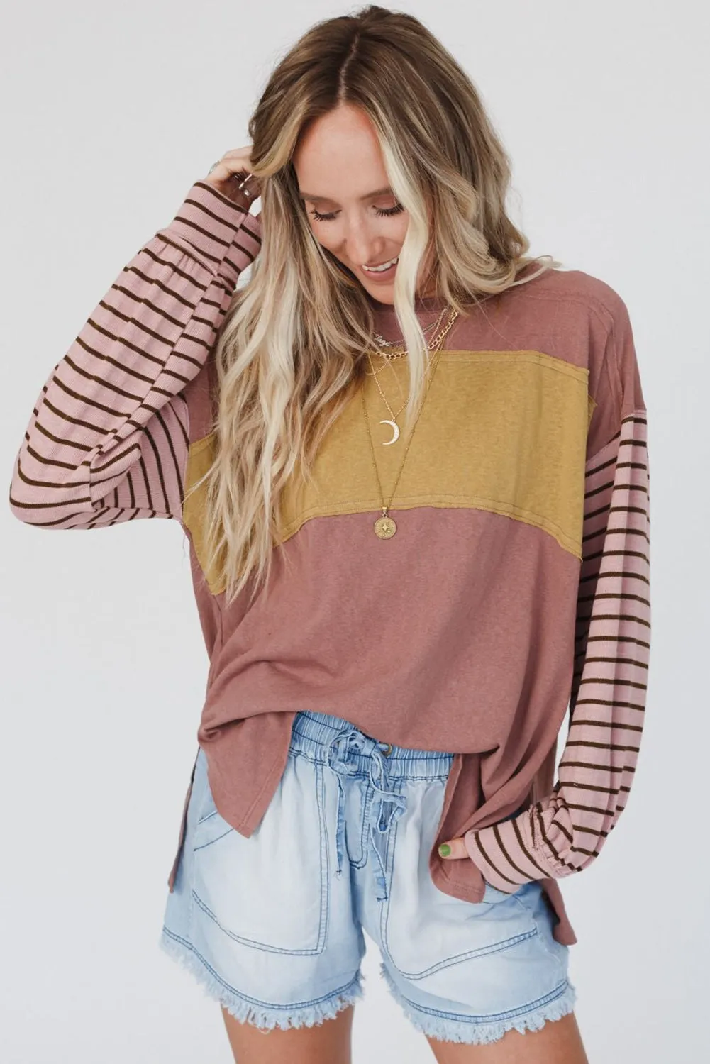Red Green Colorblock Striped Bishop Sleeve Top