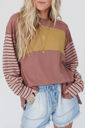 Red Green Colorblock Striped Bishop Sleeve Top