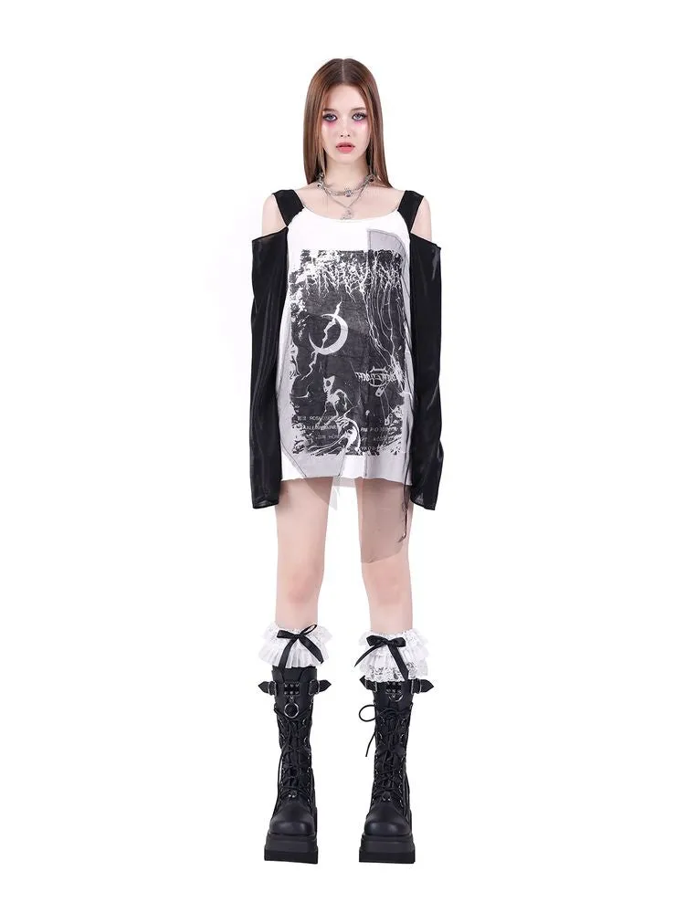retro rock splicing off-shoulder print T-shirt