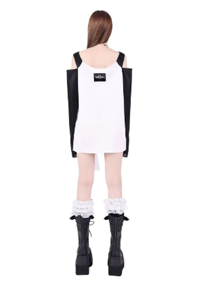 retro rock splicing off-shoulder print T-shirt