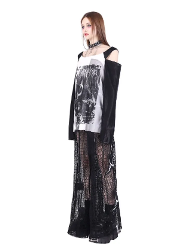 retro rock splicing off-shoulder print T-shirt