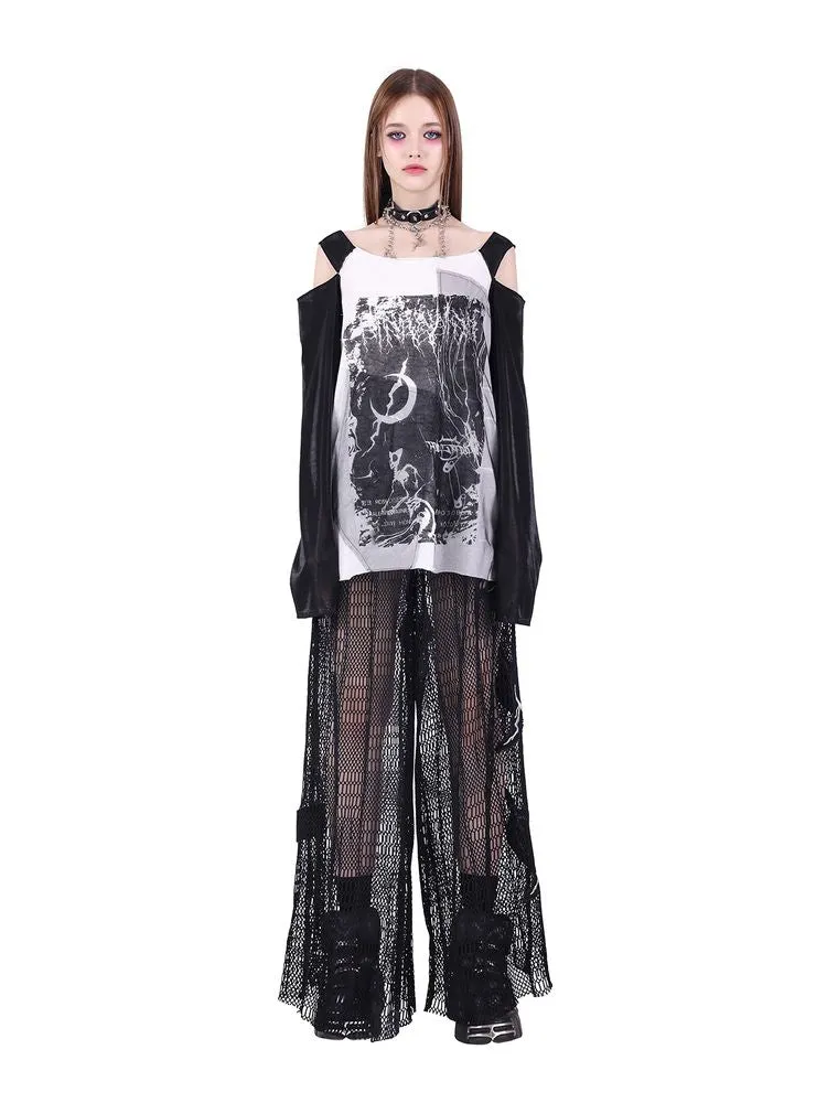 retro rock splicing off-shoulder print T-shirt