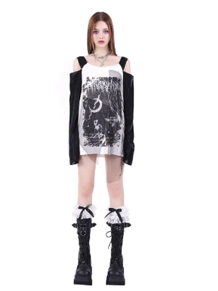 retro rock splicing off-shoulder print T-shirt