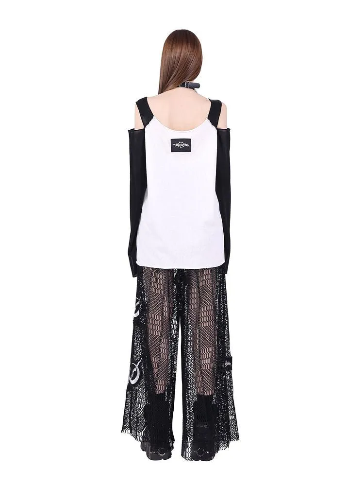 retro rock splicing off-shoulder print T-shirt