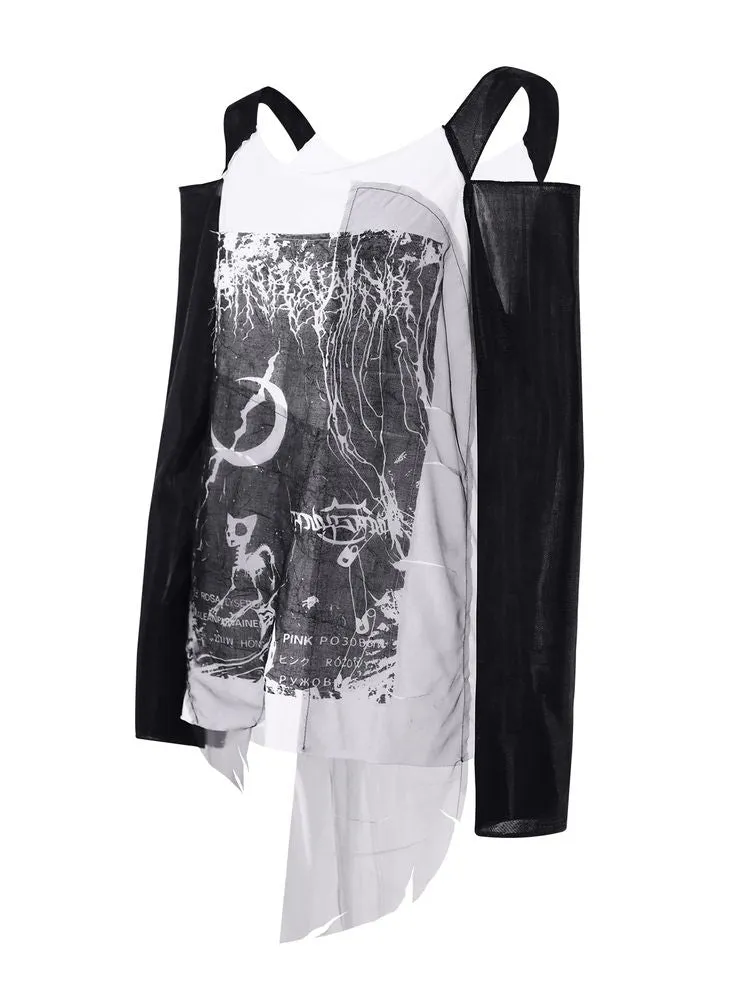 retro rock splicing off-shoulder print T-shirt
