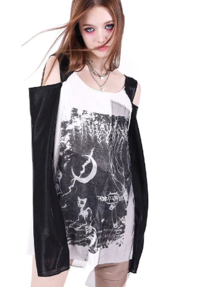 retro rock splicing off-shoulder print T-shirt