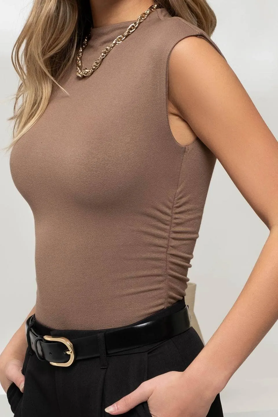 REVERSIBLE MOCK NECK SLEEVELESS KNIT BODYSUIT