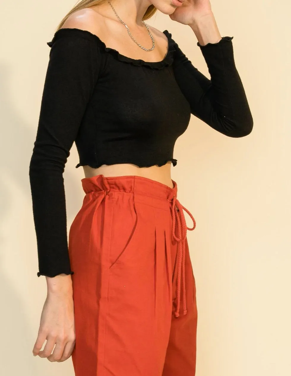 Rib Lettuce Long Sleeve Off the Shoulder Crop Top