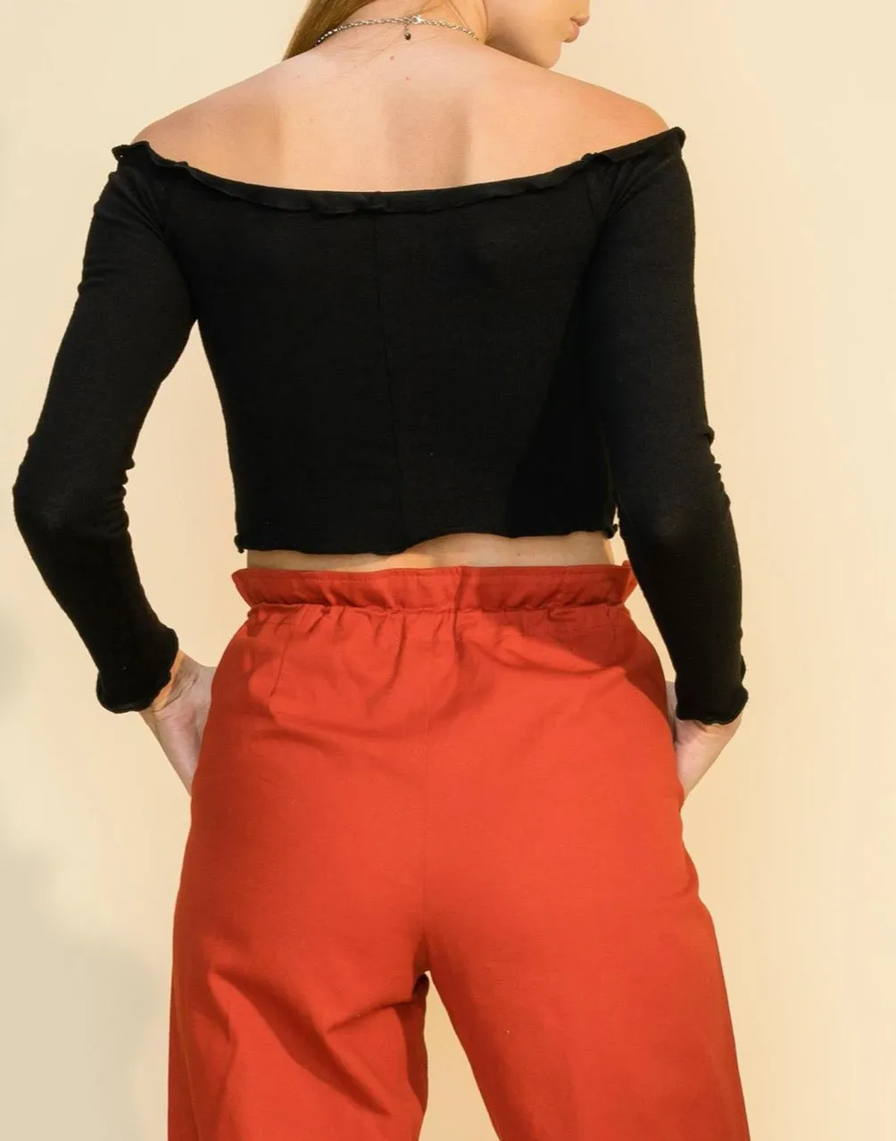 Rib Lettuce Long Sleeve Off the Shoulder Crop Top