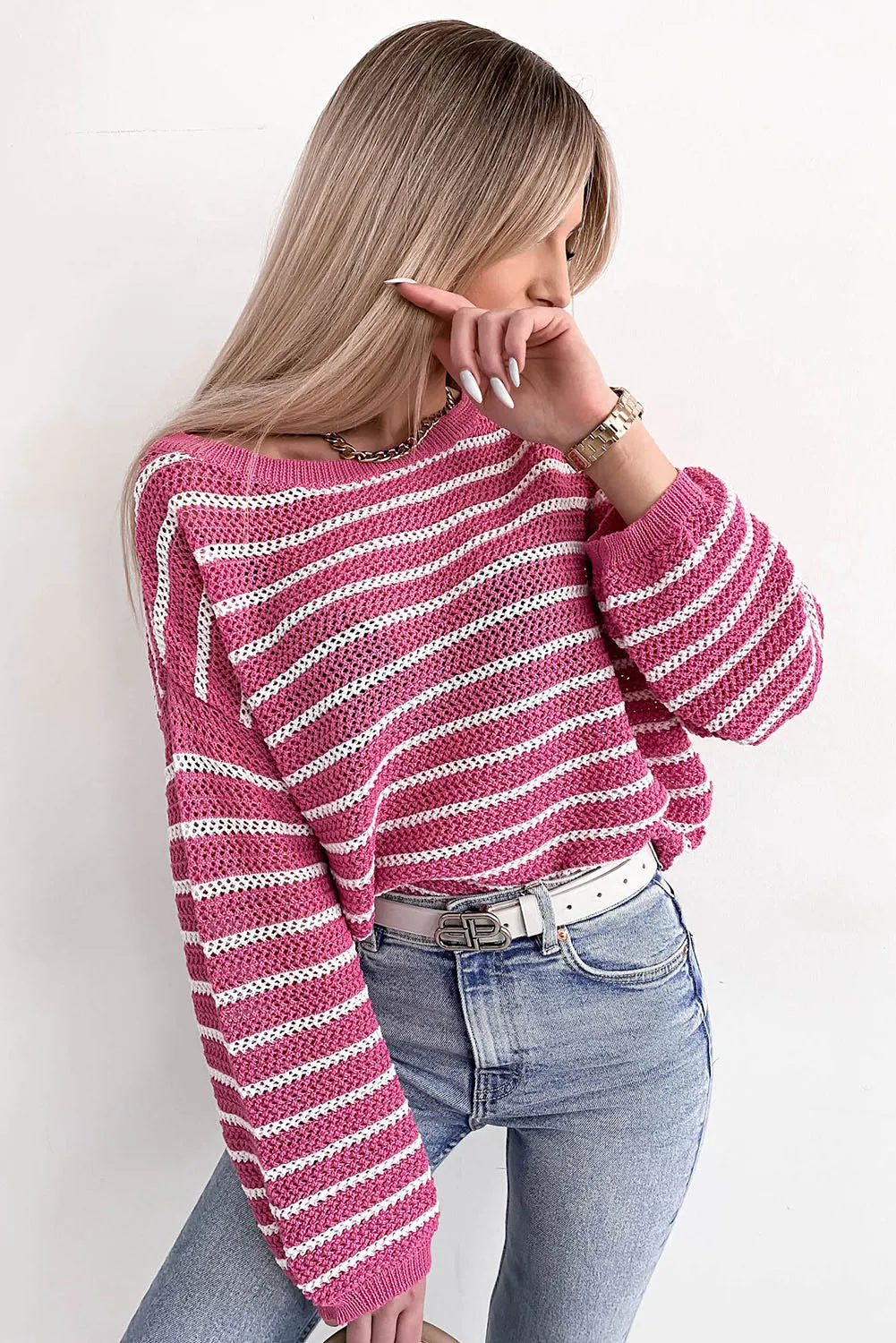 Rose Drop Shoulder Contrasting Striped Sweater