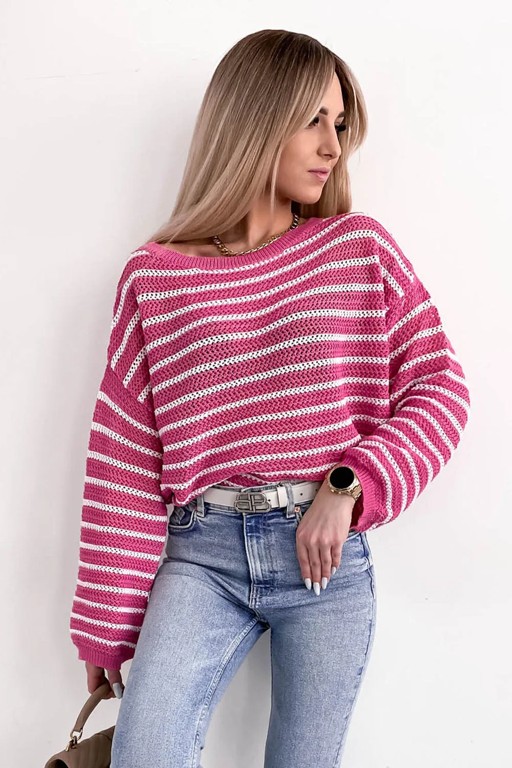 Rose Drop Shoulder Contrasting Striped Sweater