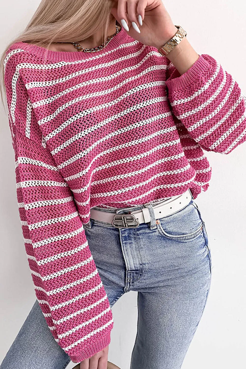 Rose Drop Shoulder Contrasting Striped Sweater