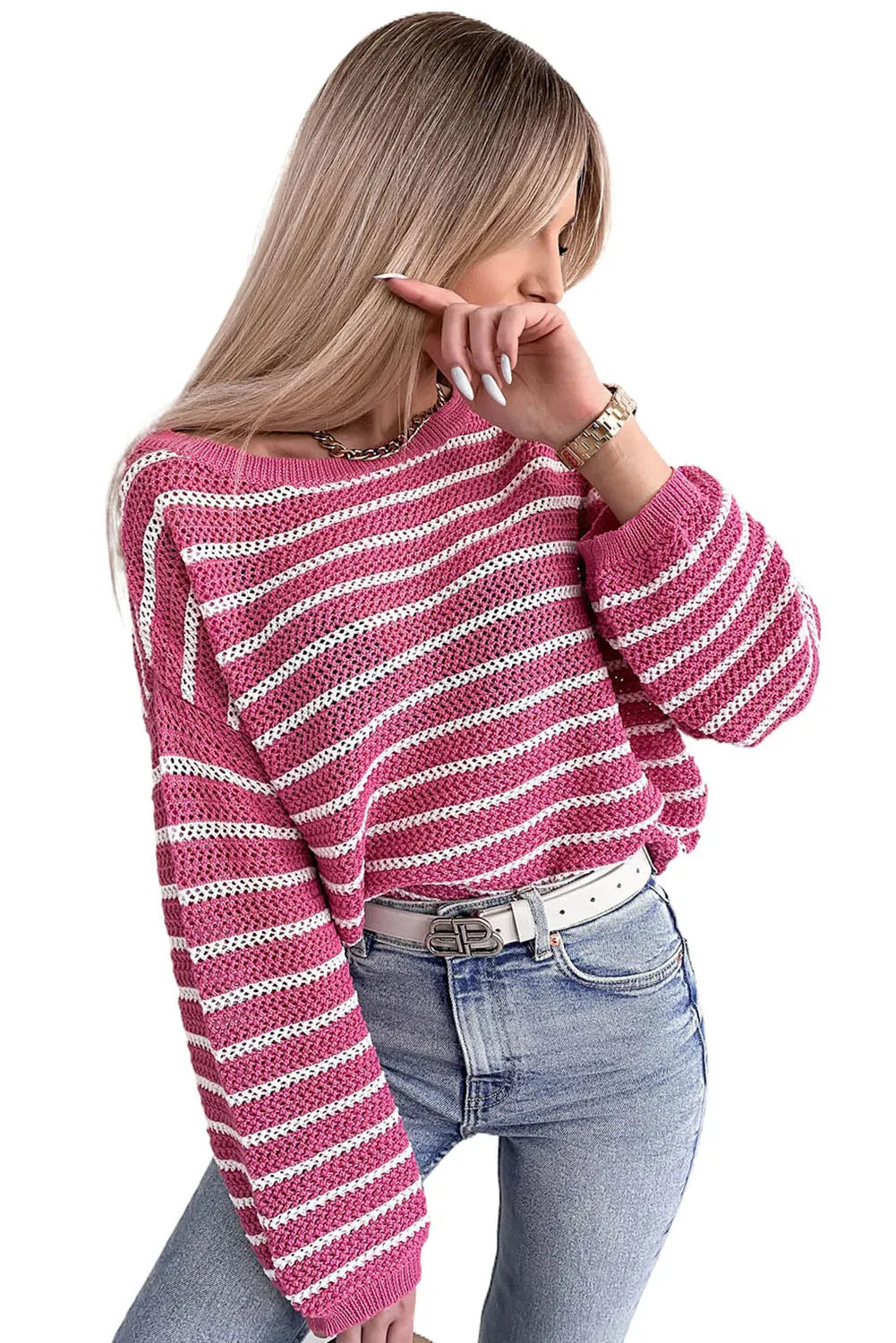 Rose Drop Shoulder Contrasting Striped Sweater