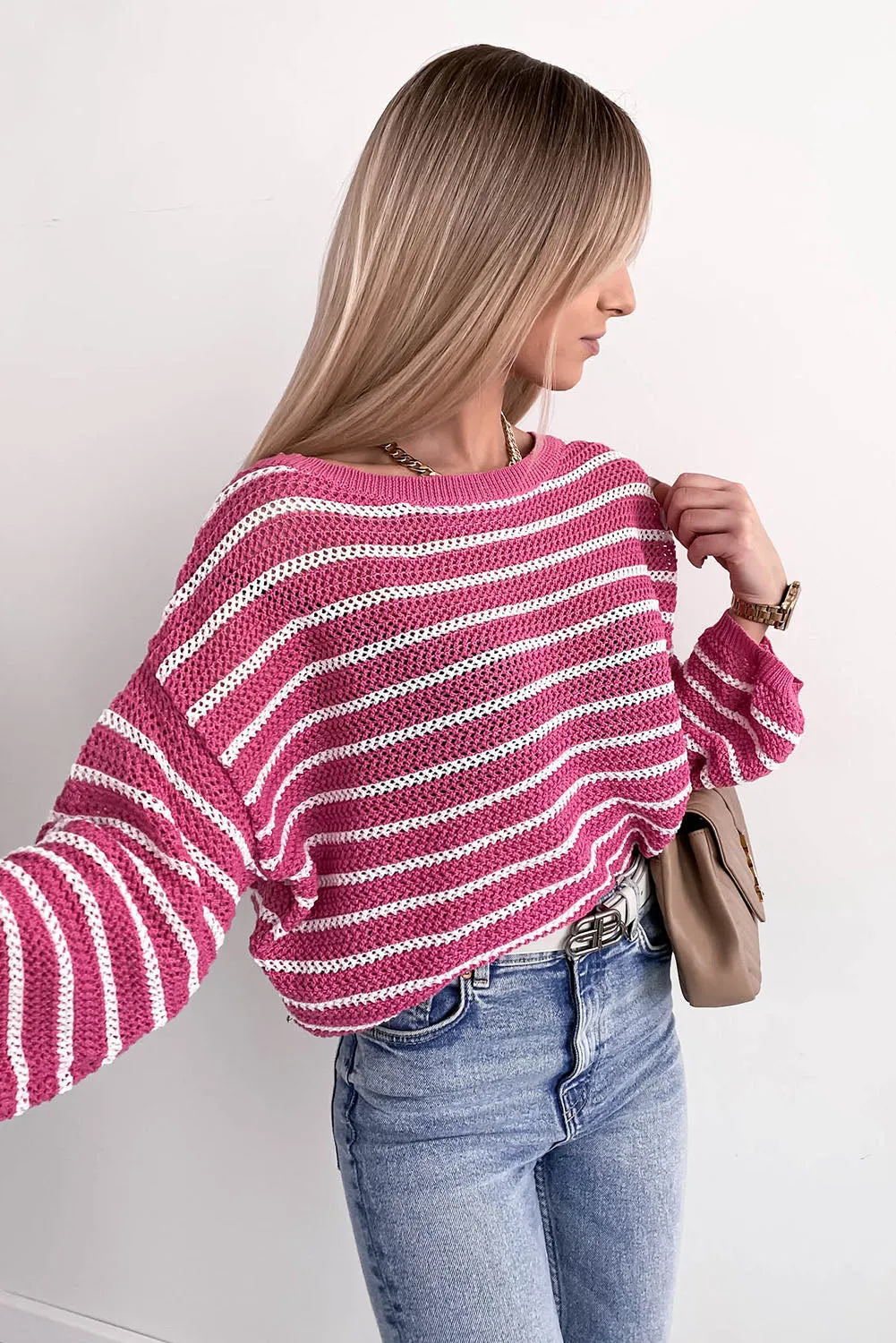 Rose Drop Shoulder Contrasting Striped Sweater