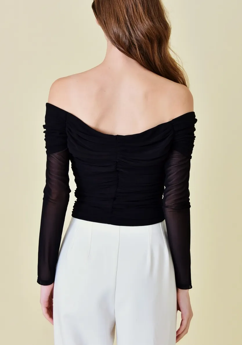 Ruched Off Shoulder Flower Accent Mesh Top