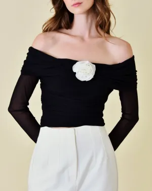 Ruched Off Shoulder Flower Accent Mesh Top