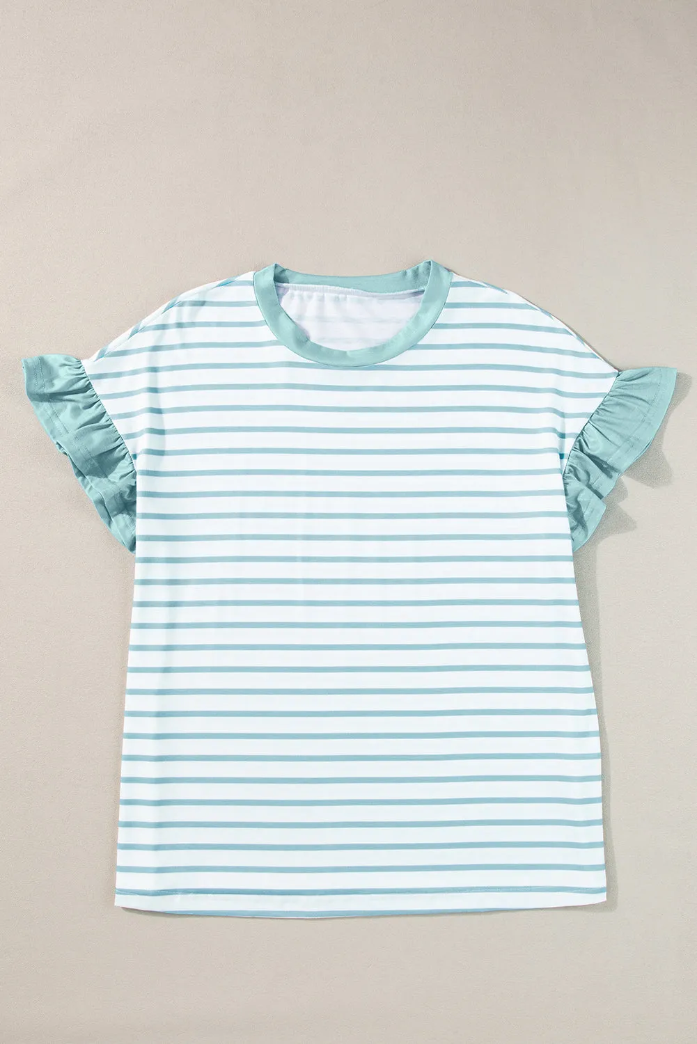 Ruffled Striped Round Neck Cap Sleeve T-Shirt