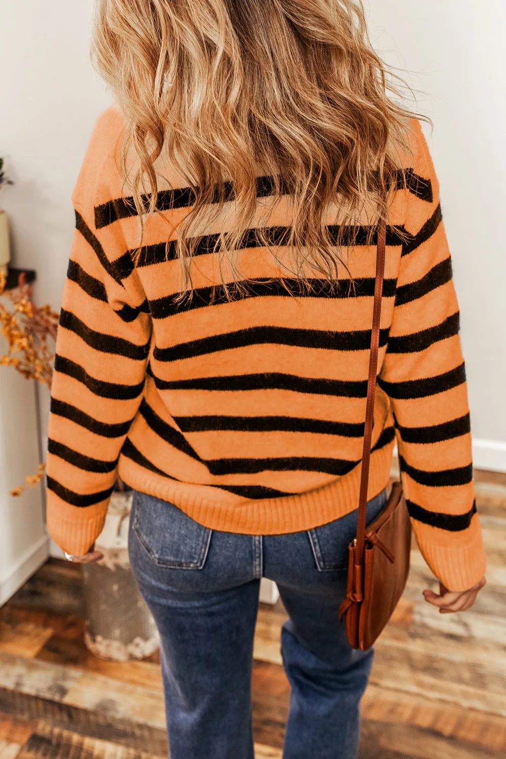 Russet Orange Striped Knit Drop Shoulder Collared V Neck Sweater
