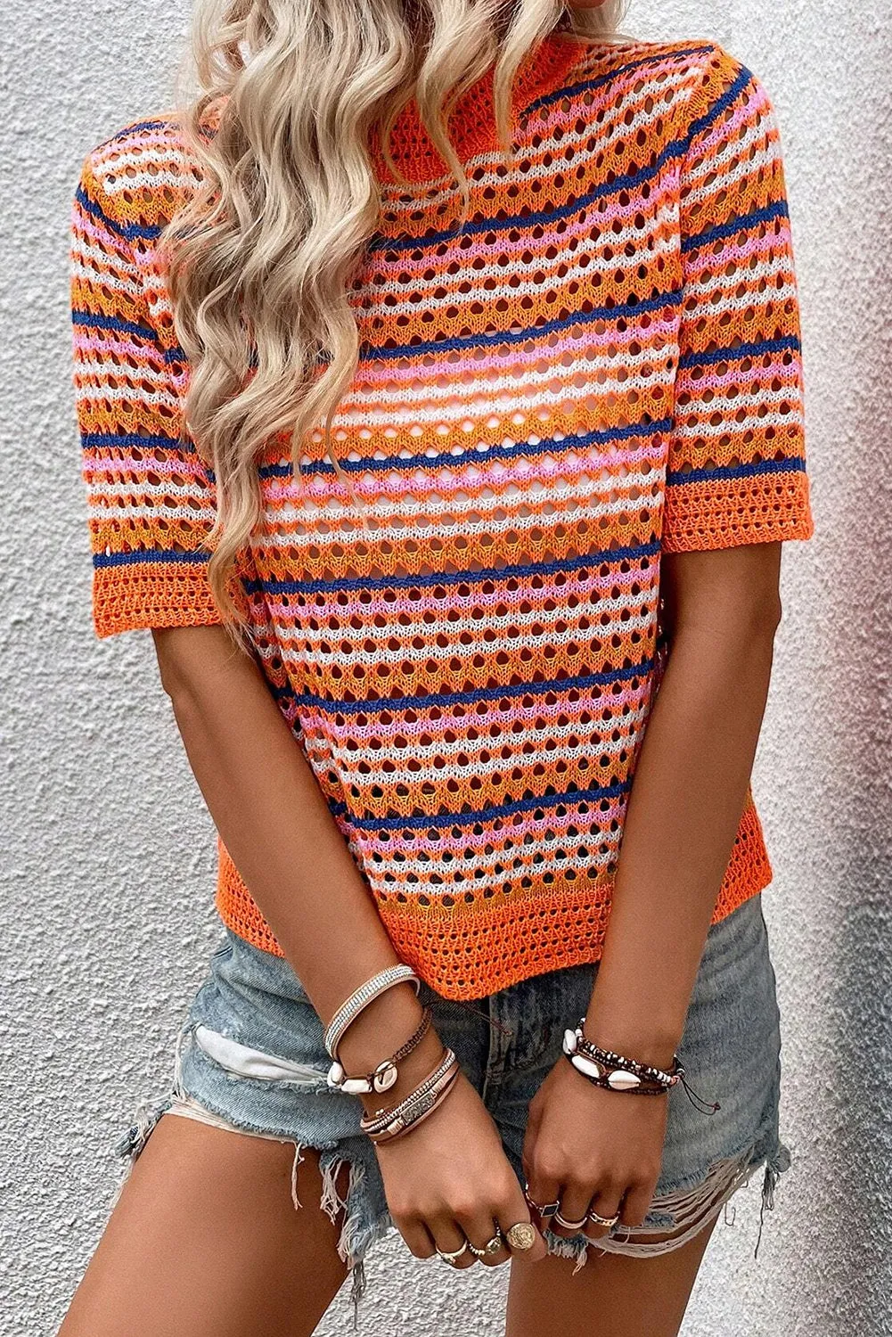 Russet Orange Striped Pattern Contrast Trim Pointelle Knit T Shirt