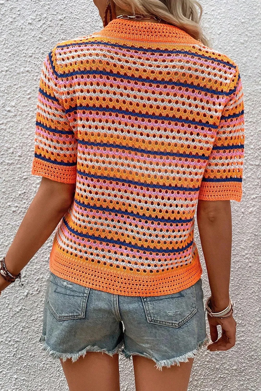 Russet Orange Striped Pattern Contrast Trim Pointelle Knit T Shirt