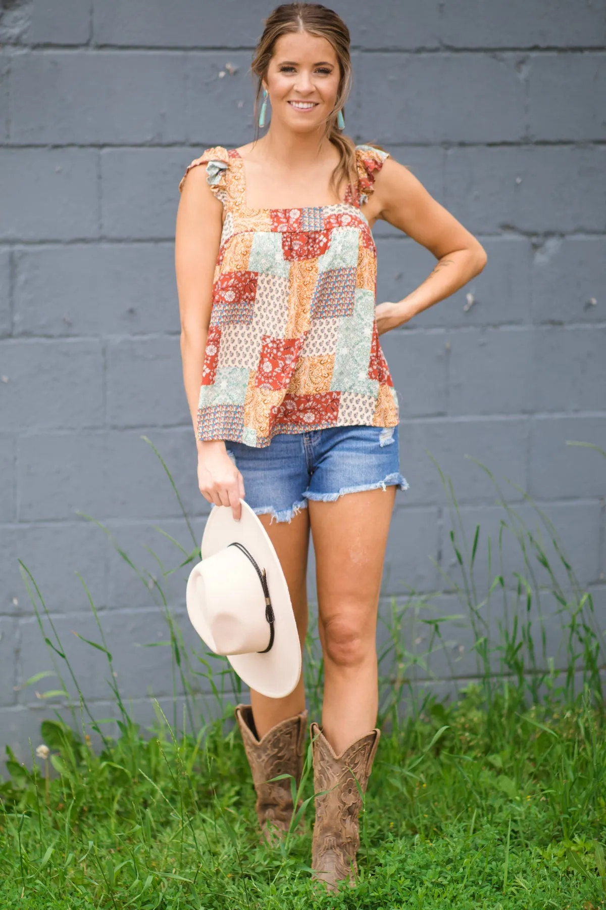 Rust and Mustard Patchwork Print Tank