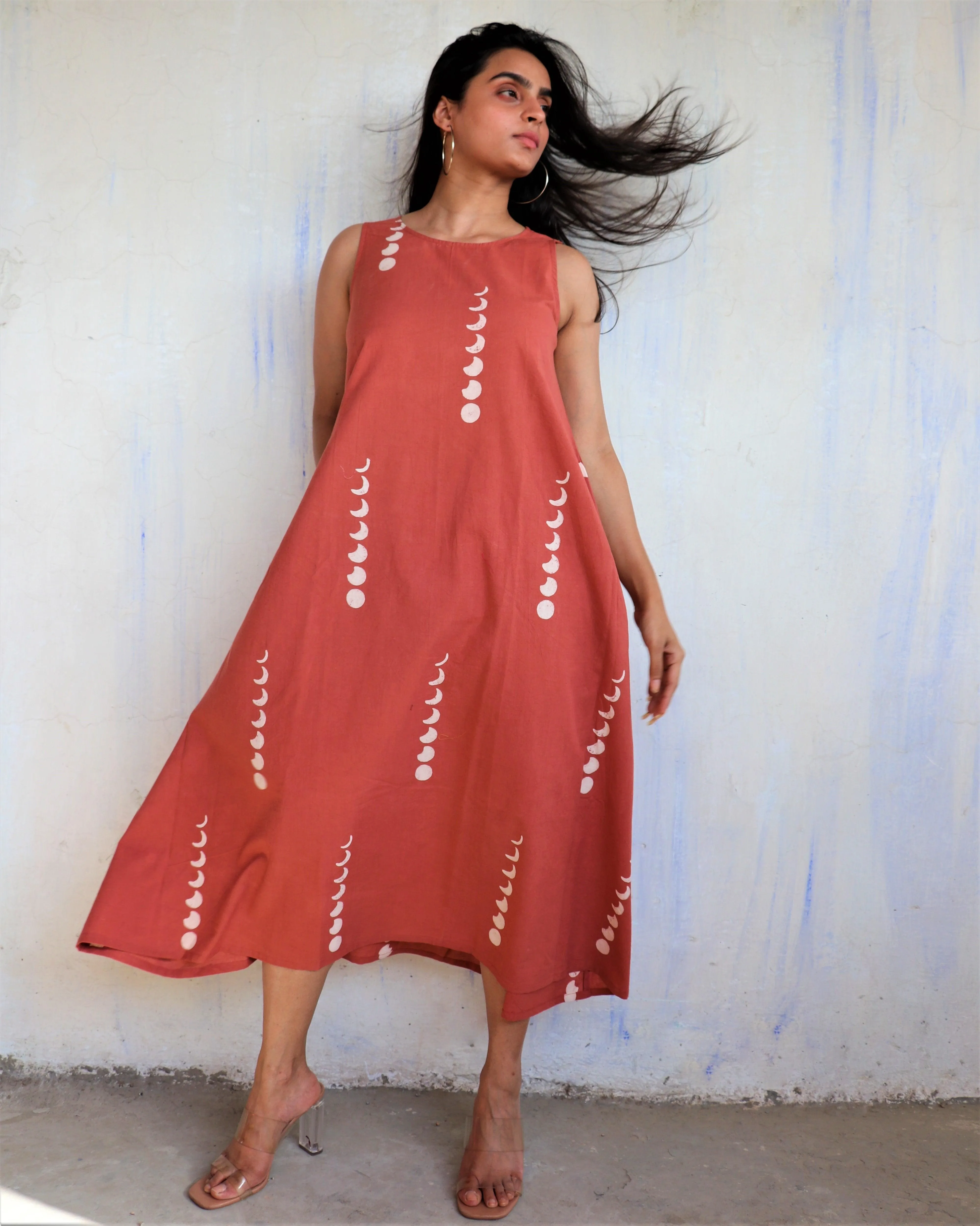 Rust Eclipse Sleeveless Block Printed Cotton Dress - Ib