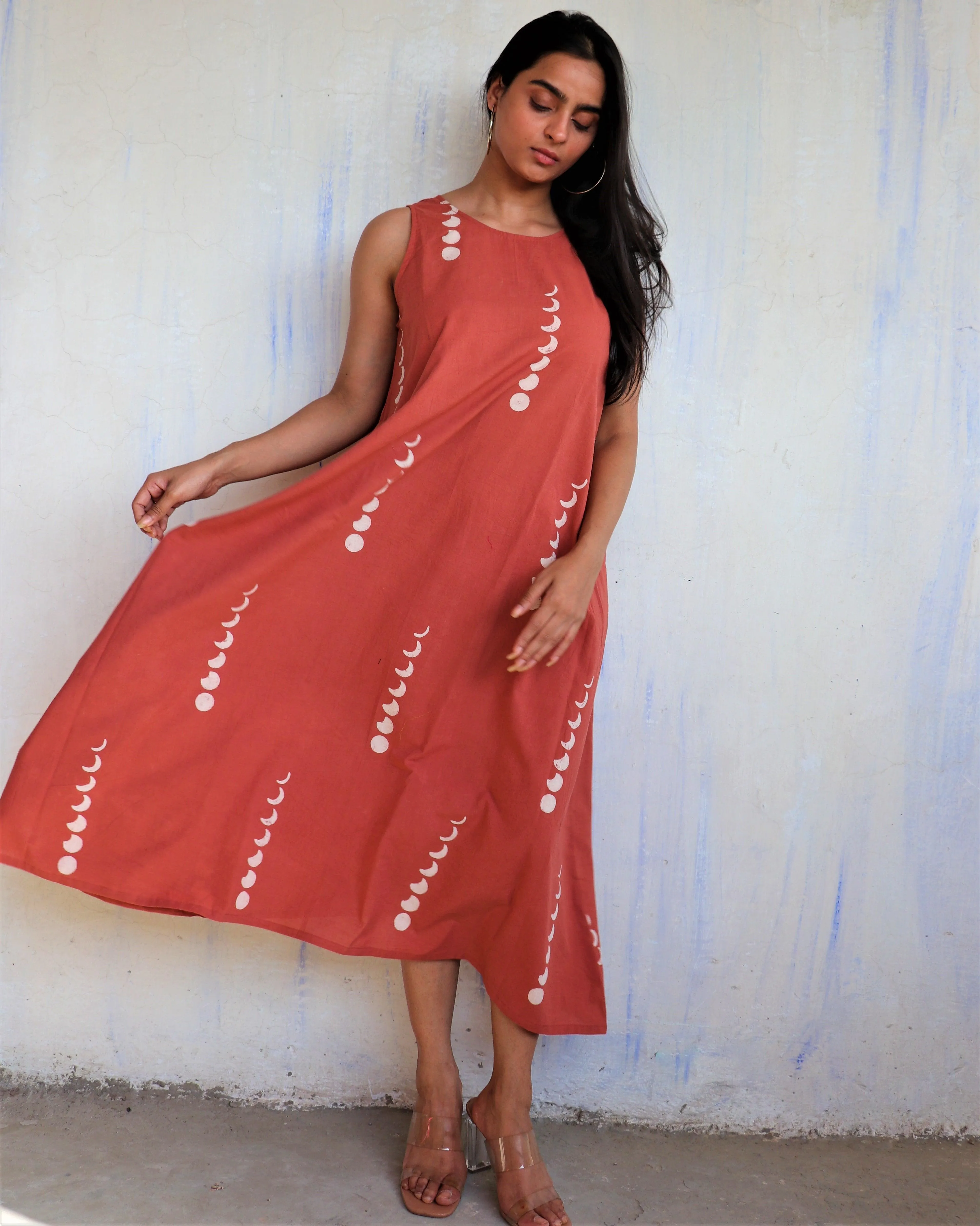 Rust Eclipse Sleeveless Block Printed Cotton Dress - Ib