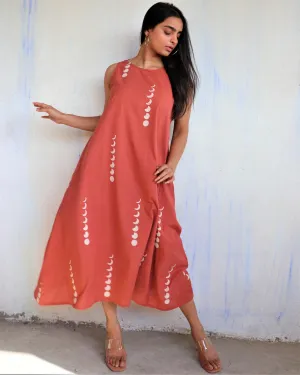 Rust Eclipse Sleeveless Block Printed Cotton Dress - Ib