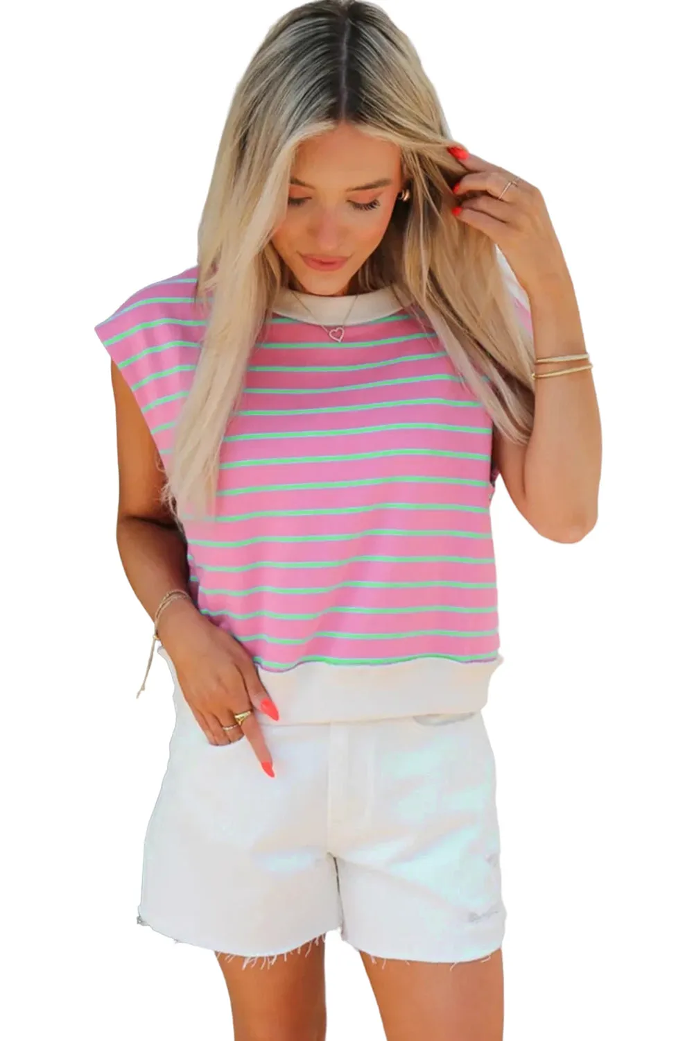 Sachet Pink Striped Crew Neck Cap Sleeve T Shirt