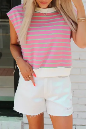 Sachet Pink Striped Crew Neck Cap Sleeve T Shirt